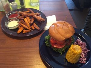 soya fillet burger and sweet potato fries  at GYVAS baras in Vilnius