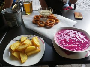 Special beetroot soup served with potatoes at GYVAS baras in Vilnius
