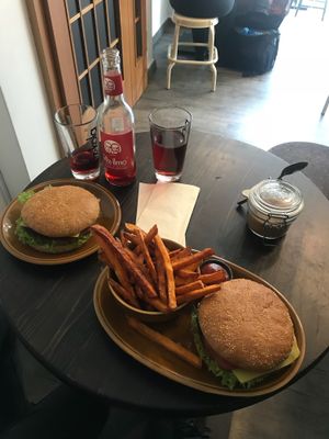 Vegan cheeseburgers and sweet potato fries  at Roots in Dresden