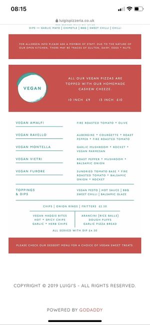 Vegan food menu from their website  at Luigi's Pizzeria in Dundee