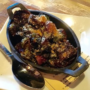 Charred brussel sprouts with peach.  at Vegetable in Studio City