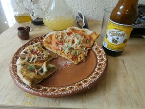 pizza and beer!!! at Kalpoli Margarita in Mexico City