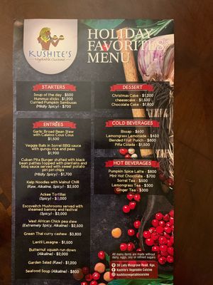 Menu at Kushite's Vegetable Cuisine in Kingston