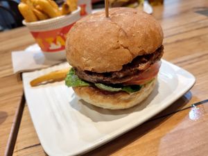 The burger (fries out of focus) at Grill'd in Cairns