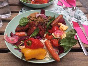 Vegan lunch with chick peas patty and vegetables at Les Demoiselles de Montpellier in Montpellier