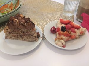 Chocolate-nut cake and vanilla tonka strawberry tart at Les Demoiselles de Montpellier in Montpellier