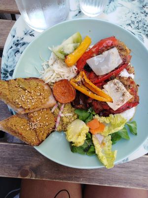 Olive tapenade, amazing stuffed capsicums and somehow the veges were delicious too at Les Demoiselles de Montpellier in Montpellier