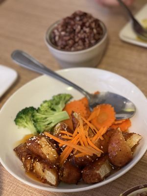 Orange soy Chick’n - our favorite!  at Vegan House in Phoenix