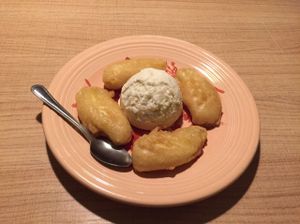 coconut ice cream with fried banana  at Vegan House in Phoenix
