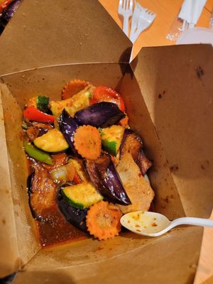 Eggplant with mock chicken at Vegan House in Phoenix
