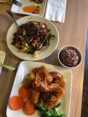 House fried rice and orange chickn  at Vegan House in Phoenix