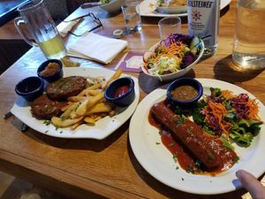 schnitzel and vegan sausage at Julie's Alps in Newbury Park