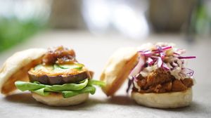 BBQ monkeyhead mushroom slider, panfrilled eggplant slider,  at NAKEDFOOD in Taipei