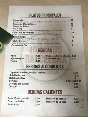 Menu at Hummus in Barcelona