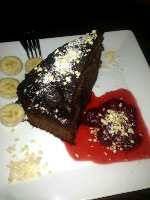 Chocolate cake (vegetarian) at Hummus in Barcelona