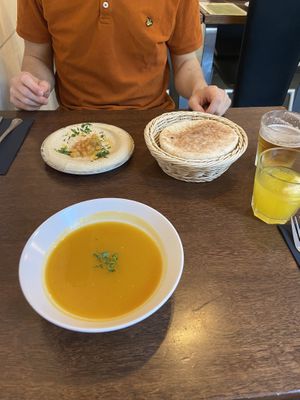 Hummus starter & soup of the day  at Hummus in Barcelona