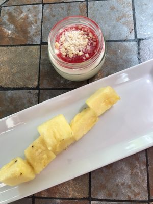 Pineapple skewer and soy panna cotta  at Hummus in Barcelona