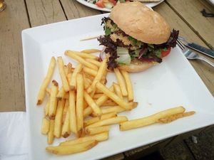 Falafel and Hummus Burger at Flying Aubergine Cafe in Southampton