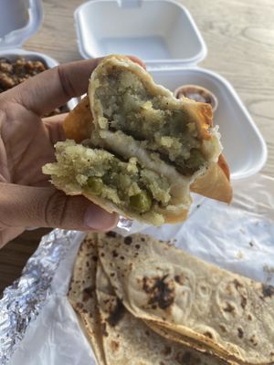 Samosa with potato and peas  at Samosa House West in Los Angeles