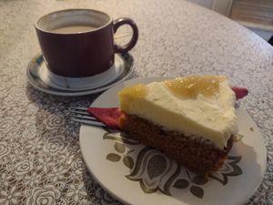 Gorgeous & v filling vegan cake with delicious soya latte. at The Cornerhouse Cafe in Berwick-upon-tweed