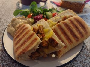 Requested tofu & vegan cheese ciabatta with salad & hummous. at The Cornerhouse Cafe in Berwick-upon-tweed