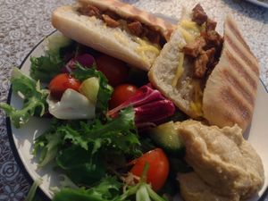 Requested tofu & vegan cheese ciabatta - v tasty, & came with mixed salad & a good dollop of hummous. at The Cornerhouse Cafe in Berwick-upon-tweed