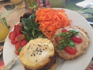pastel de papa y hamburguesa de arroz at VITA - Palermo in Buenos Aires