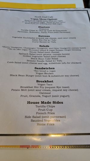Vegan menu at North End Cafe in Louisville