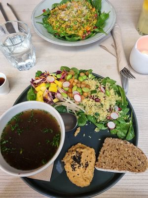 Clear Mushroom soup & Smoked Tofu with Couscous salad at HaPP in Luxembourg City
