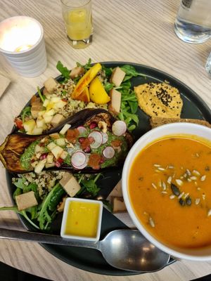 Small combo: smokey tomato soup & roasted eggplant with quinoa salad at HaPP in Luxembourg City