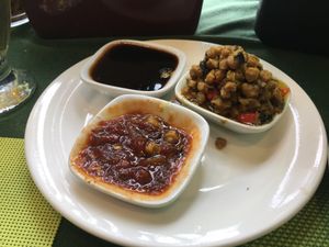 Three different kind for dipping we had Curry  rolls and BBQ Pork( Tofu) Bun  at Peaceful Loft in St Johns