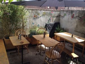 Outdoor seating at Trew Era Cafe in North London