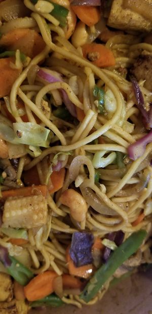 Yakisoba noodles + coconut curry sauce + veggies (minus egg) + tofu + cashews at Quick Wok in Chelan