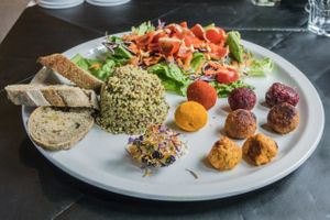 ballox dish made with veggie balls and cashew cheese balls at FED by Water in East London