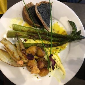 Asparagi al Sole - baked asparagus on soya orange cream (it works!), with baby roast potatoes, fennel (melt in the mouth), and home made marble bread. at FED by Water in East London