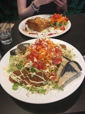 Seitan salad with lasagne in the back at FED by Water in East London