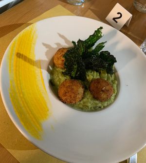 3 different textures of cabbages: broccoli cream, cauliflower balls and black cabbage chips   at Selezione Naturale in Turin