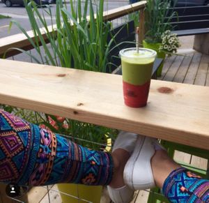 Pictured is a vegan smoothie from the Deli Lama in the food market made vegan by asking for no honey. Many other smoothies are available that are vegan with no substitutions, as well as other baked goods and deli foods.  at Muskoka Natural Food Market in Bracebridge