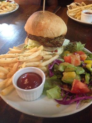 lentil burger plate at The Blackstock in Osaka