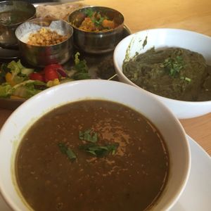 Thali tray, Saag (on Thursdays!) and the Daal of the day. at Ranjit's Kitchen in Glasgow