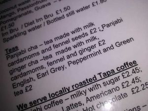 Cha available with almond milk or soya at Ranjit's Kitchen in Glasgow