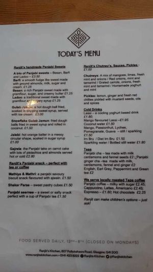 Menu  at Ranjit's Kitchen in Glasgow