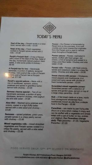 Menu at Ranjit's Kitchen in Glasgow