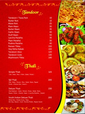 tandoor menu & thali menu  at Krishna Ji in Haridwar