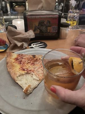 Vegan cheese pizza and an old fashion.  at Sizzle Pie - W Burnside in Portland