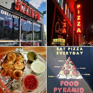 Compilation of our yummy quick late-night bite from Sizzle Pie and this location's exterior. We had 6 garlic knots with marinara, vegan ranch, and cashew basil pesto dipping sauces at Sizzle Pie - W Burnside in Portland