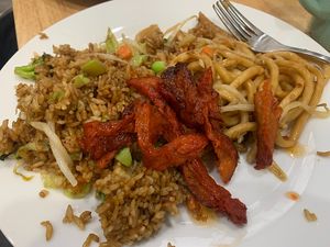 fried rice, lo mein , & bbq "meat" at Bodhi Kosher Vegetarian Restaurant in New York City