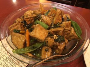 Tofu with mushroom and basil ( no mushrooms ) at Bodhi Kosher Vegetarian Restaurant in New York City
