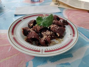 Szechuan beef appetizer at Bodhi Kosher Vegetarian Restaurant in New York City