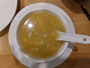 Chicken and corn soup. Amazing! at Bodhi Kosher Vegetarian Restaurant in New York City